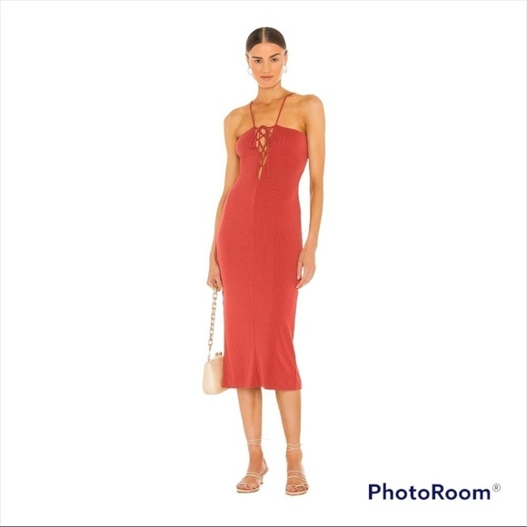 NBD x REVOLVE Berry Red Ribbed Lace up Front Midi Dress Two Tone Crimson, Small - Picture 2 of 8